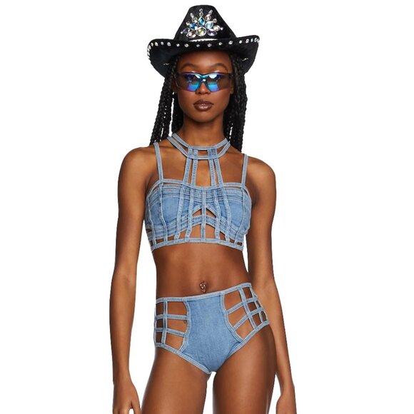 Dolls Kill Club Exx Deviant Treasure Bustier Top & Booty Shorts Set (Denim) - Picture 5 of 10